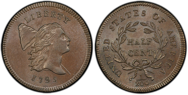 1795 Liberty Cap Half Cent. C-1. Lettered Edge, With Pole.  MS-66 BN (PCGS). 